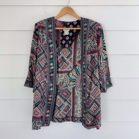 Vintage Jackets & Blazers - 80s 90s Open Front Printed Jacket 14 Petite